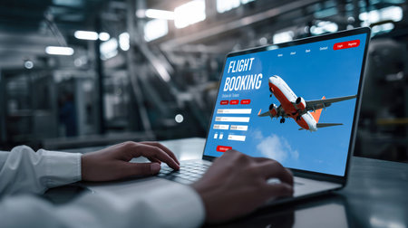 Online flight booking website provide brisk reservation system . Travel technology concept .の素材
