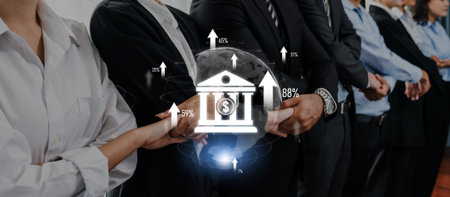 A group of business professionals in suits stands together, emphasizing teamwork and collaboration, with financial graphics illustrating growth and market trends.の写真素材