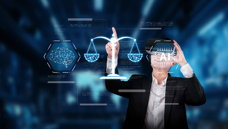 This image explores the intersection of artificial intelligence and legal ethics, highlighting the importance of compliance, governance, and responsibility in the digital age.の写真素材