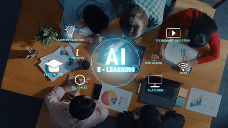 A diverse group of individuals collaborates in an e-learning environment, focusing on artificial...