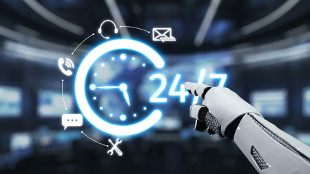 A futuristic robot hand points to a glowing digital clock symbolizing 24-hour availability. The...