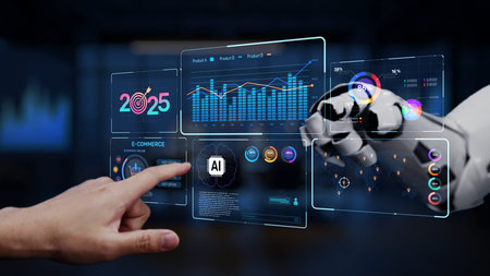 A hand interacts with a futuristic digital interface showcasing e-commerce data analytics and AI...