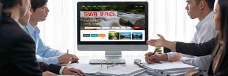 Business intelligence and data analysis concept. Analyst team working on financial data analysis dashboard on laptop screen as marketing indication for effective business strategic planning. Insightの写真素材