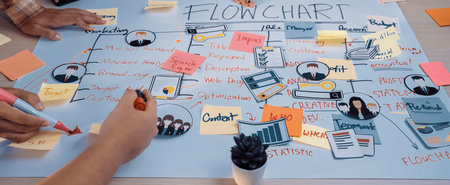 A vibrant workspace showcasing a detailed flowchart surrounded by hands, colorful sticky notes, and markers, illustrating teamwork and creative brainstorming for project management.の写真素材