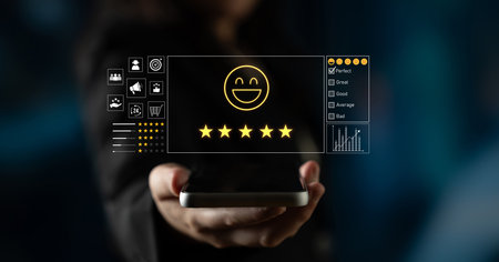 Customer feedback and satisfaction rating system showing star review, happy face, performance score, and service evaluation to improve customer experienceの写真素材
