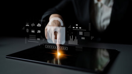 Cybersecurity protection system showing password encryption, fingerprint ID, cloud security, email,...