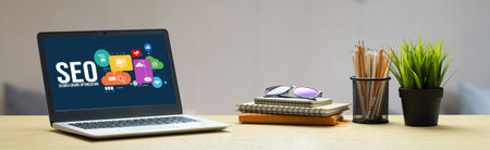 SEO search engine optimization for modish e-commerce and online retail business showing on computer screenの写真素材
