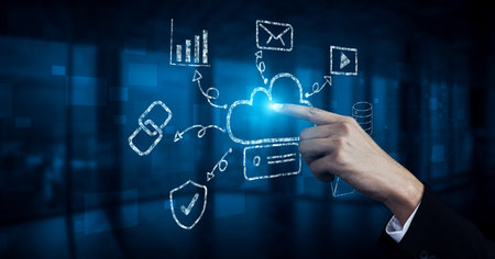 A hand drawn doodle of a cloud computing services ecosystem. A creative sketch of a network for data...