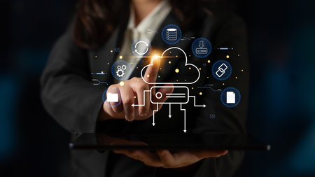 A cloud storage and data synchronization service ecosystem. A concept of cloud computing for file storage, backup, and sharing across devices. Motifの写真素材