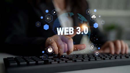 A map of global Web 3.0 decentralized applications and services. The ecosystem includes cryptocurrency, blockchain, and decentralized finance (DeFi). Motifの写真素材