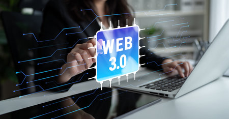 The hardware and processing technology behind Web 3.0. A concept of the computer chip and circuit board infrastructure that powers the new internet. Motifの写真素材