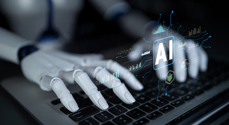 The power of Artificial Intelligence (AI) in business data analysis and analytics. A concept of AI for data visualization, reporting, and insights. Motifの写真素材