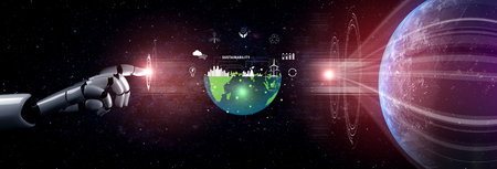 The concept of using AI for sustainability and green energy management. An AI vision for a smart city with renewable resources and a clean ecosystem. Motifの写真素材