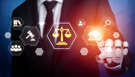An AI assistant provides corporate legal services, managing compliance with business law. This smart system automates legal research and document review for matters of justice.の写真素材
