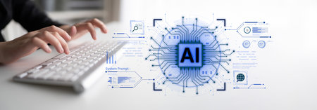 A futuristic AI core processor and system analytics dashboard. This concept highlights the raw processing power of AI for deep data analysis, system diagnostics, and global network monitoring.の写真素材