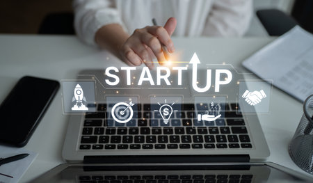 Concept of a new startup business venture. The process includes innovation, setting targets,...