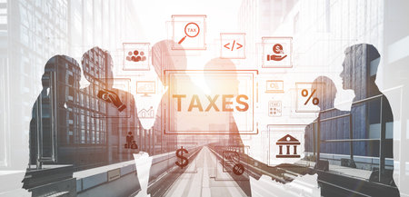 Concept of tax preparation and financial compliance. Filing official tax documents and forms for government reporting, auditing, and financial accounting purposes.の写真素材