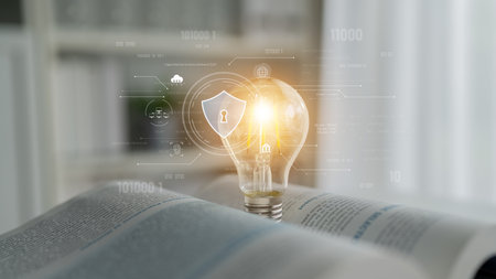 Cyber security interface with biometric and AI-powered protection system. Cyber security secures access, cybersecurity protects identity, cybersecurity detects threats, and defends data. Latchの写真素材