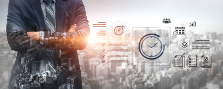 Concept of time management and productivity. Using tools like calendars and checklists to schedule tasks, set goals, and meet project deadlines for business efficiency.の写真素材