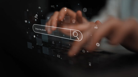 Search engine interface for accessing digital information and online data. Search engine finds data, search engine supports research, drives marketing, search engine improves SEO.の写真素材