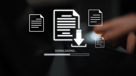 Visual representation of digital document downloading, showing file transfer, data access, and progress status for secure and efficient information retrieval.の写真素材