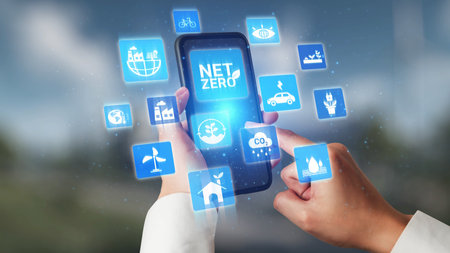 Net zero and sustainability concepts with environmental balance, digital sustainability icons, green...