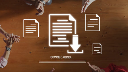 A vibrant scene showing diverse hands around a wooden table with graphical elements symbolizing document downloading, highlighting the spirit of teamwork and collaboration. Rasterの写真素材