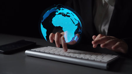 Global network connection visualization showing data exchange, digital link, worldwide communication. Global data flow and digital network infrastructure connecting regions around the world. Thunkの写真素材