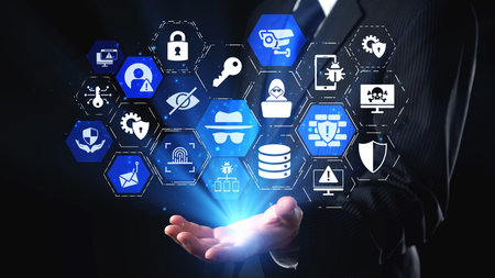 Cyber security icons show cyber attack defense, malware protection, and data security. Cybersecurity...
