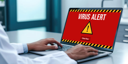 Virus warning alert on computer screen detected brisk cyber threat , hacker, computer virus and malwareの素材