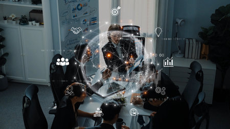 A modern business meeting featuring professionals collaborating in an office, enhanced by digital network graphics and visual data representation for effective communication. Rasterの写真素材