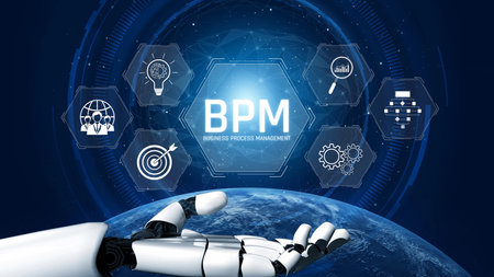 AI supports BPM by analyzing processes, optimizing workflow, and increasing productivity through automation and intelligent data mappingの写真素材