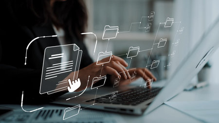 Digital file structure showing folder organization, file hierarchy, and document arrangement. File structure supports management, improves access, and file structure enhances clarity.の写真素材