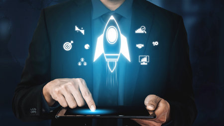 Startup launch and business growth concept, rocket symbolism, entrepreneurship, startup innovation, and early-stage success strategies for new business development and expansion.の写真素材