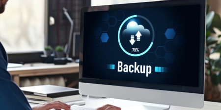 Backup Storage Data Internet Technology Business concept. Database storage cloud technology file data transfer sharing, cyber, big data information, internet banking application download upload briskの素材