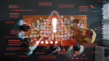 A group of professionals collaborates in a modern office, surrounded by digital alerts and notes,...