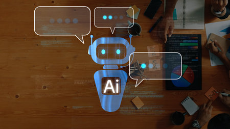 In a modern workspace, humans engage with a robot icon symbolizing artificial intelligence. The...