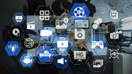 Multimedia technology with video, audio, photo and streaming icons representing digital media, communication and online platforms in a modern multimedia world.の写真素材