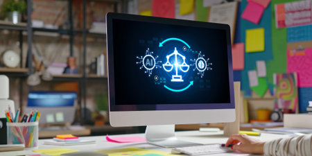 AI ethics responsibility standard law and rules on computer screen provide report of AI ethic transparency preventing technology crime. briskの素材