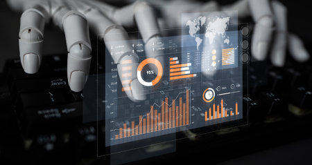 A futuristic hand interacts with an array of digital data visualizations on a computer keyboard,...