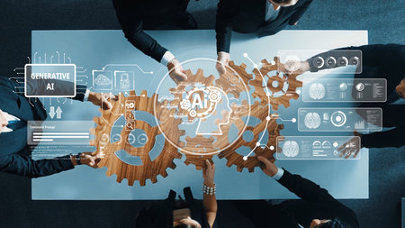 A dynamic business meeting showcases a team working together on generative AI technology,...