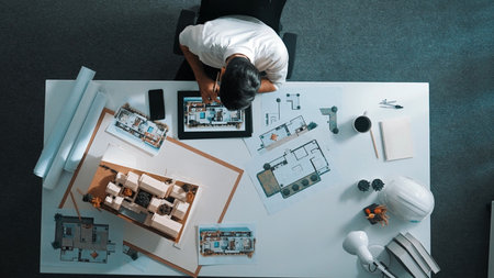 Top view of business man using tablet plan house design while sitting at meeting table with blueprint and equipment scatter around. Aerial view of civil engineer working at blueprint.の写真素材