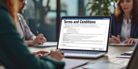 Digital legal contract provide terms and conditions document on computer screen ready for online digital signature for deal agreement of future business briskの素材