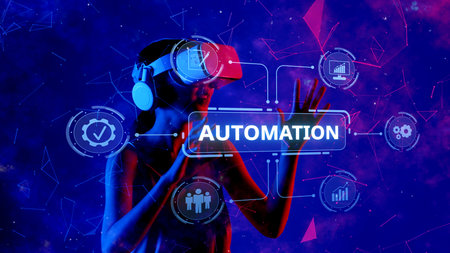 A woman interacts with advanced technology through a virtual reality headset, showcasing automation and business management integrated with innovative designs and concepts.の写真素材