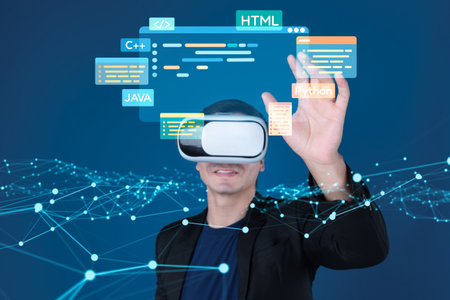 Software developer or programmer work with coding digital overlays of various programming languages...