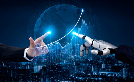 A businessman and a robotic hand interact with a glowing graph against a futuristic city skyline,...