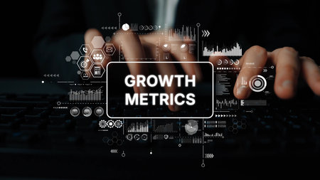 Hands Typing on Keyboard with Growth Metrics Visuals and Data Analytics Graphics in Background. Asymptotic smart data analytic.の写真素材