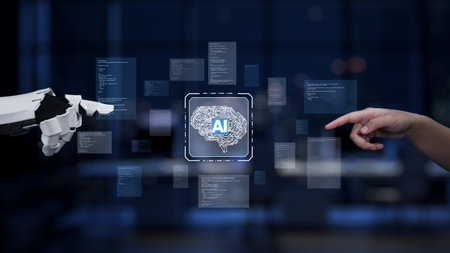 This image illustrates the interaction between human and robot, showcasing artificial intelligence...