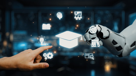 A human hand reaches out to a robotic arm showcasing diverse educational icons, symbolizing the blend of technology and learning in a modern digital landscape.の写真素材