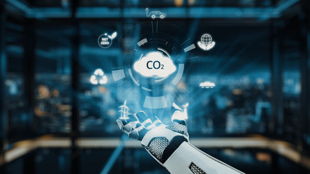 This image features a robotic hand showcasing carbon dioxide emissions in a futuristic setting,...